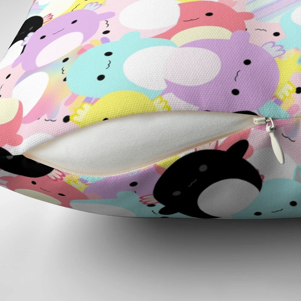 Fluffy, squishy axolotl-themed decorative pillow for cozy home decor