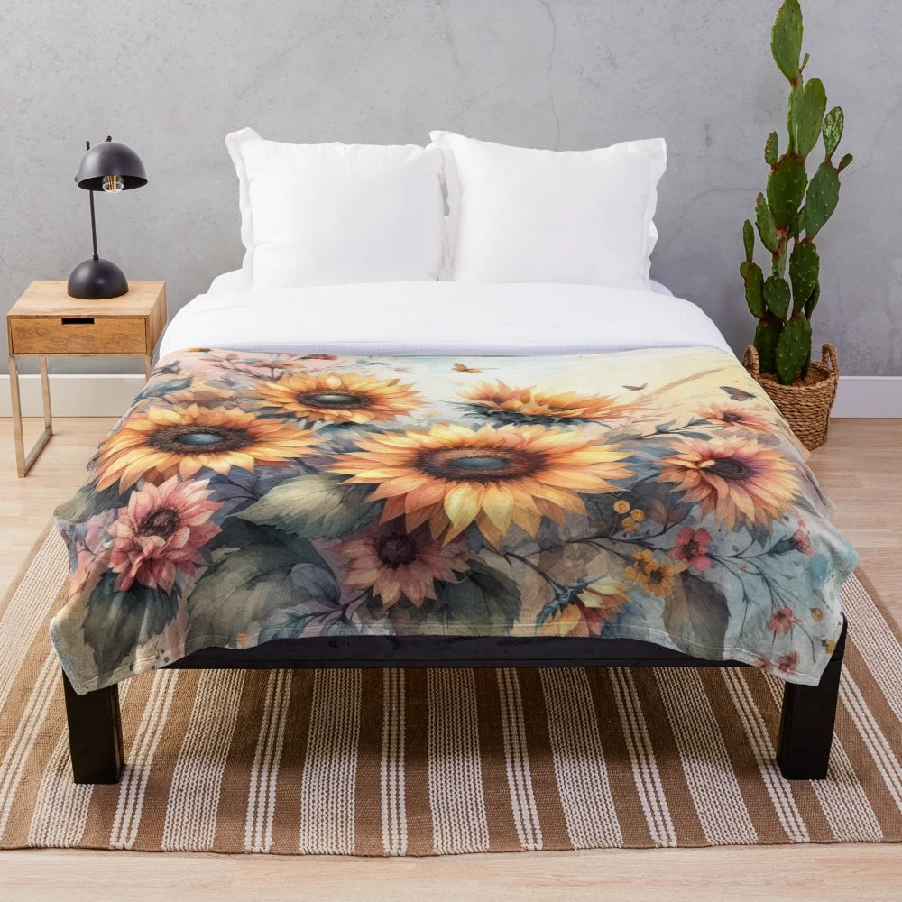Watercolor painting of fall flowers and sunflowers on a soft plush blanket