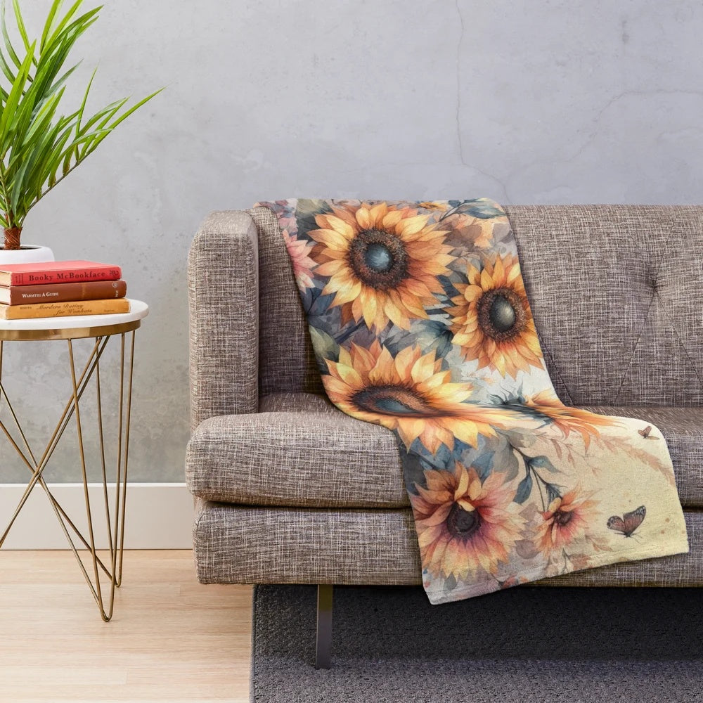 Watercolor painting of fall flowers and sunflowers on a soft plush blanket