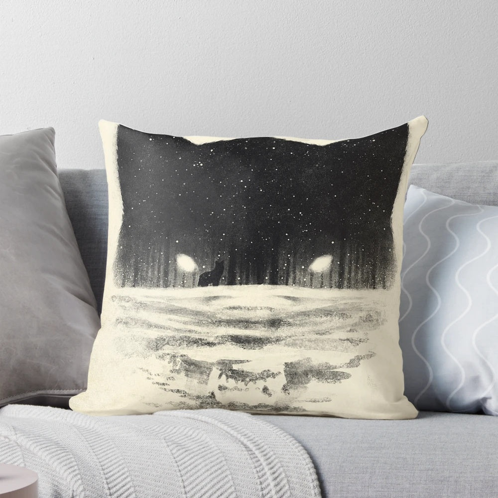 Soft, plush Wolfy Pillow with a realistic winter wolf design, perfect for cozy home decor.