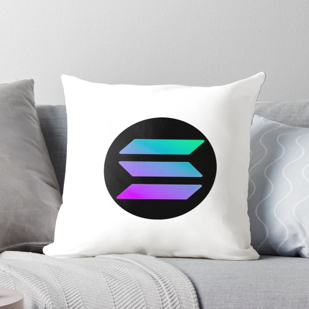 Solana (SOL) cryptocurrency logo printed on a plush, high-quality pillow for home decor.