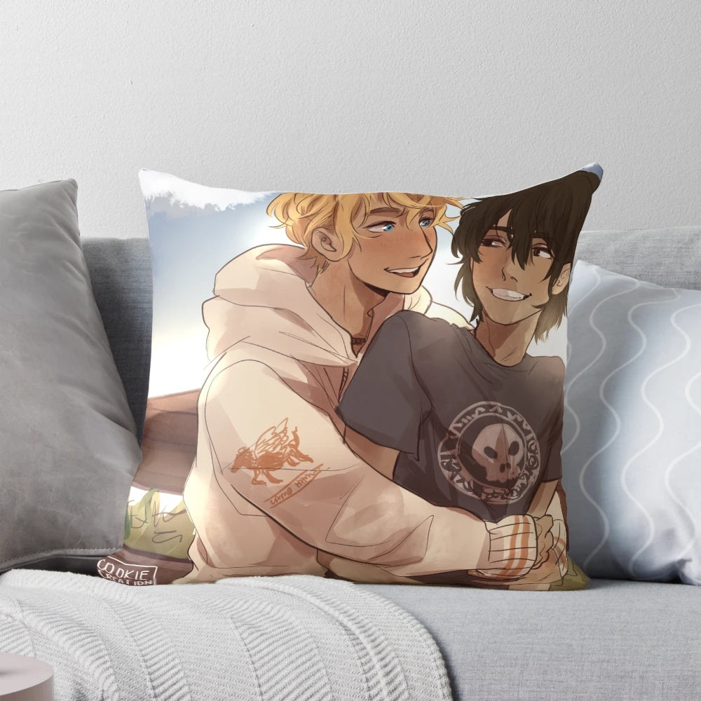 Soft, colorful pillow featuring the characters Will Solace and Nico di Angelo from the Heroes of Olympus and Trials of Apollo series.