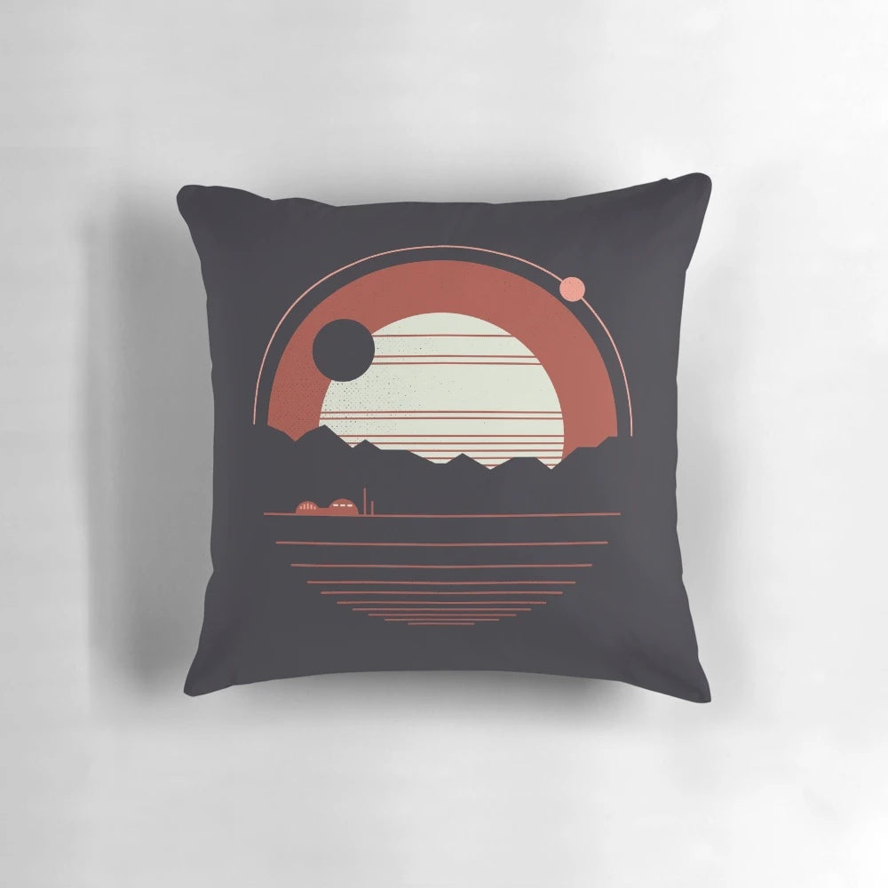 Solitude Minimalist Space Pillow featuring a sleek, modern design with a cosmic, Martian-inspired landscape