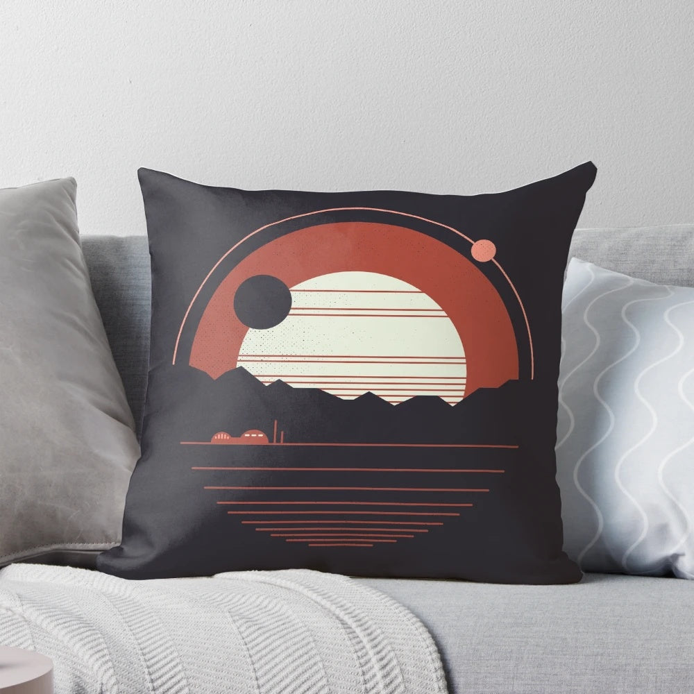 Solitude Minimalist Space Pillow featuring a sleek, modern design with a cosmic, Martian-inspired landscape