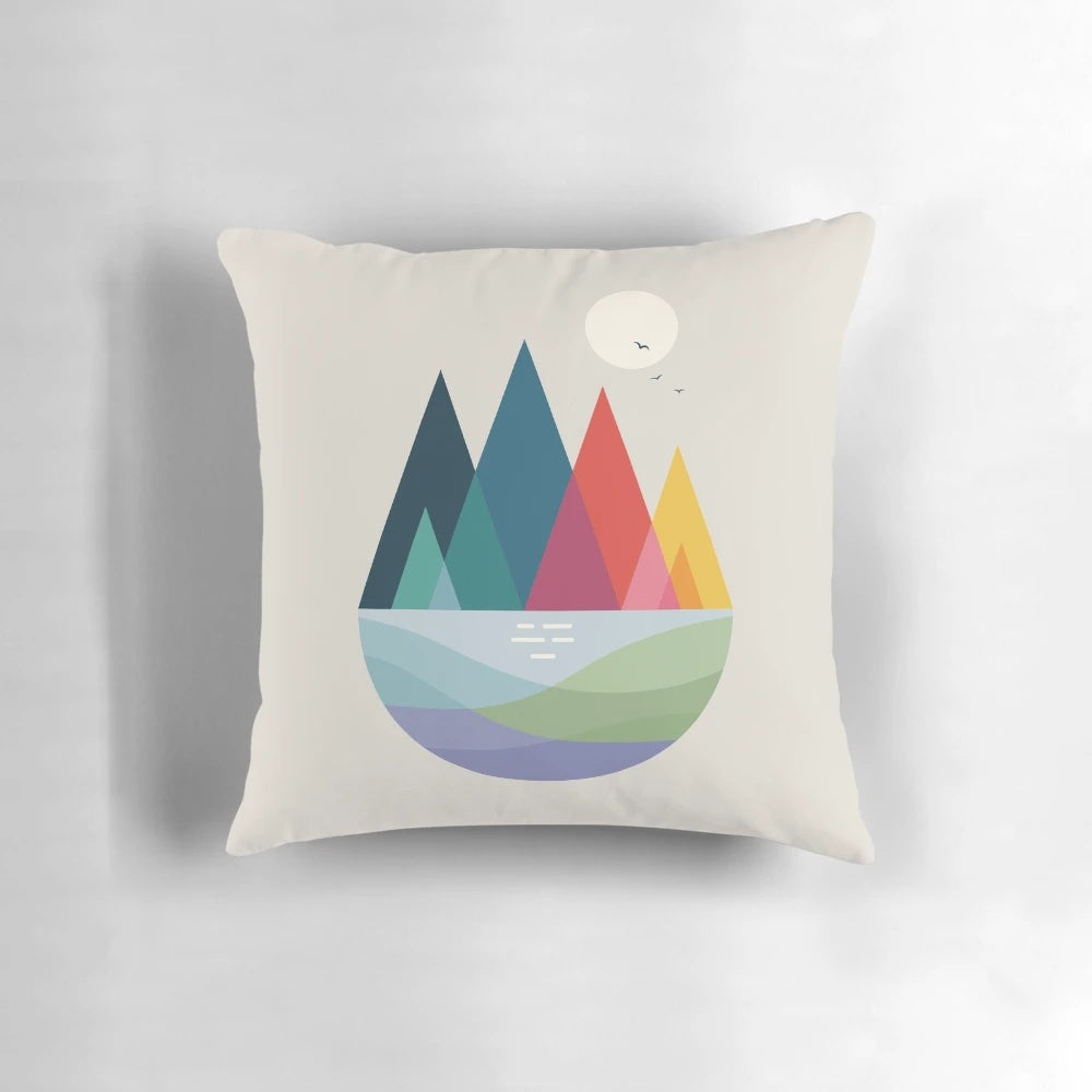 Vibrant, abstract landscape design printed on a soft and cozy pillow.