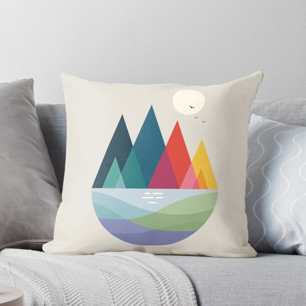 Vibrant, abstract landscape design printed on a soft and cozy pillow.