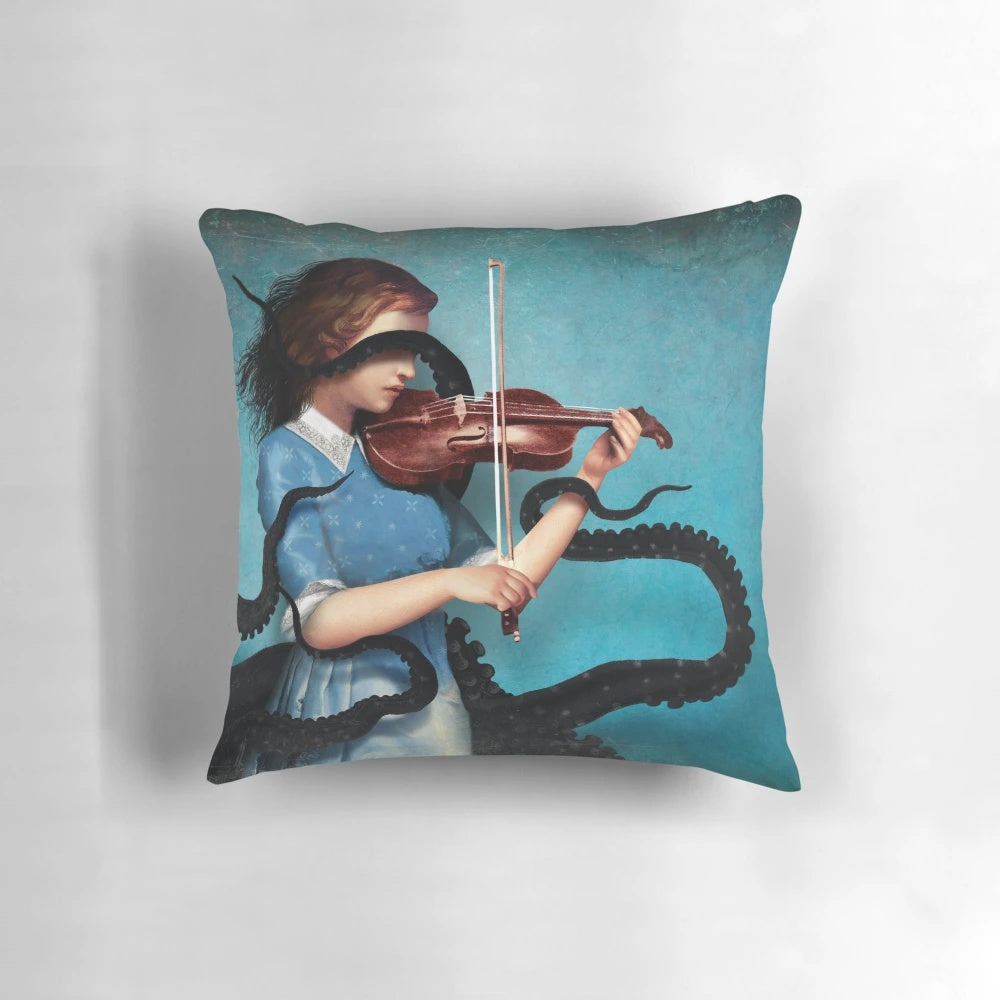 A dark, surreal, and fantastical decorative pillow with a visionary design