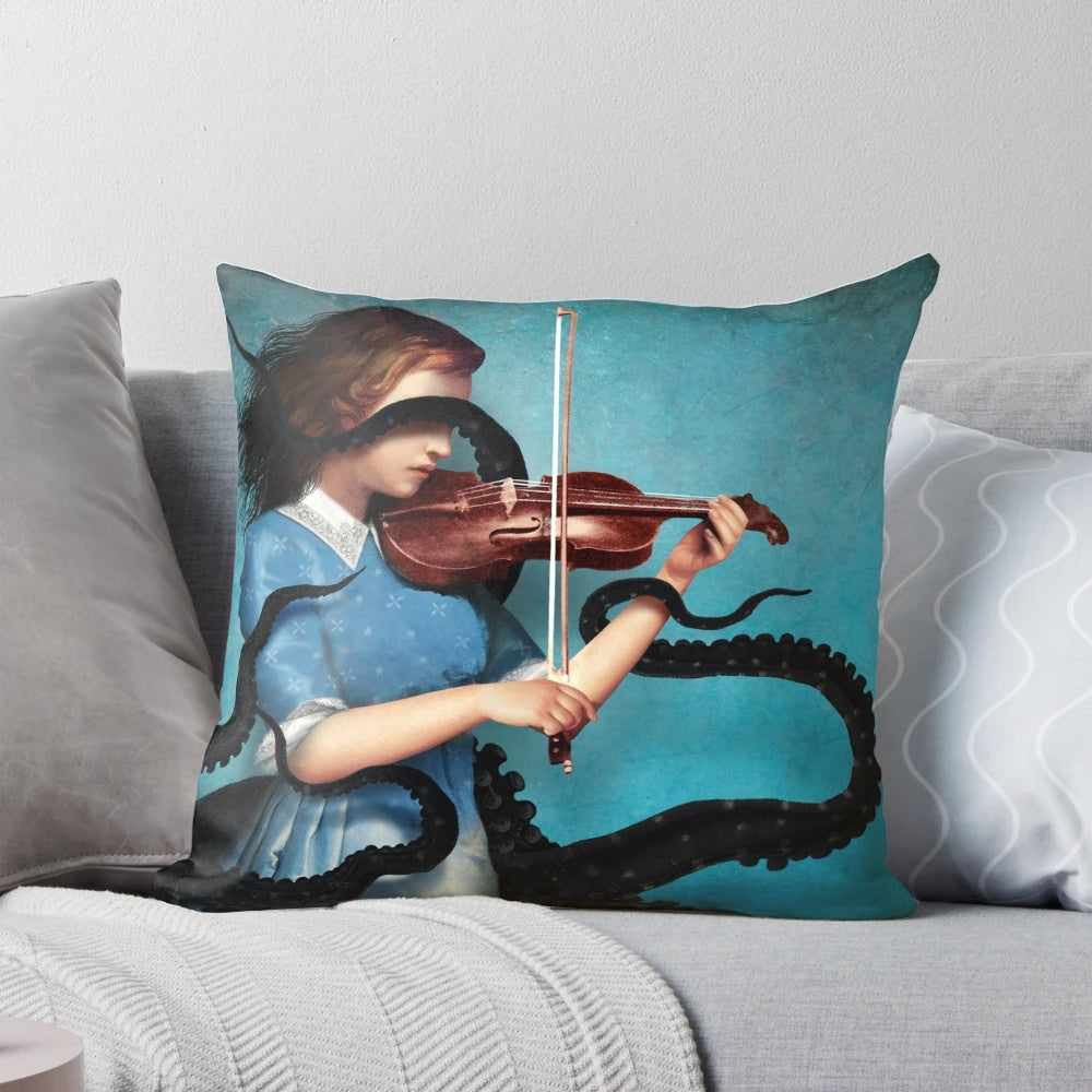 A dark, surreal, and fantastical decorative pillow with a visionary design