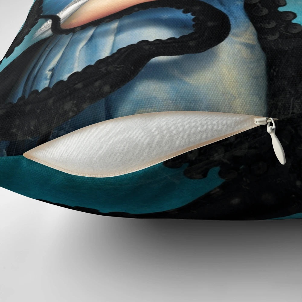 A dark, surreal, and fantastical decorative pillow with a visionary design
