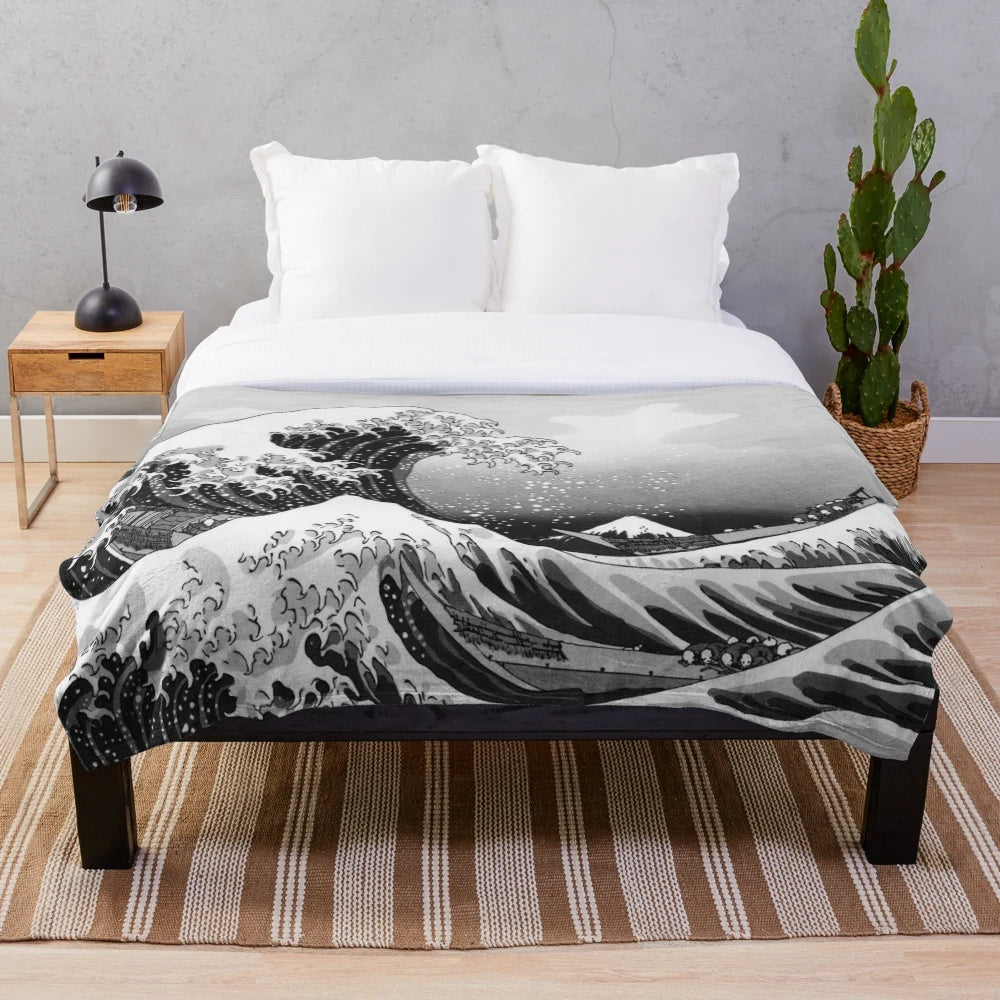 Sondersky Monochrome Plush Blanket featuring the iconic Great Wave off Kanagawa design