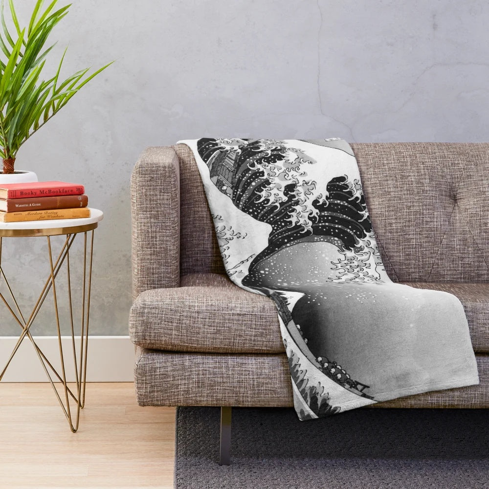 Sondersky Monochrome Plush Blanket featuring the iconic Great Wave off Kanagawa design