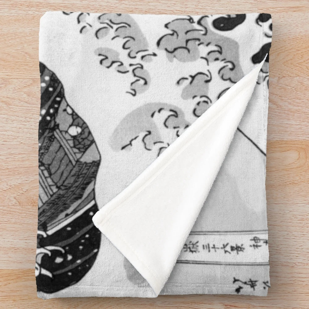 Sondersky Monochrome Plush Blanket featuring the iconic Great Wave off Kanagawa design