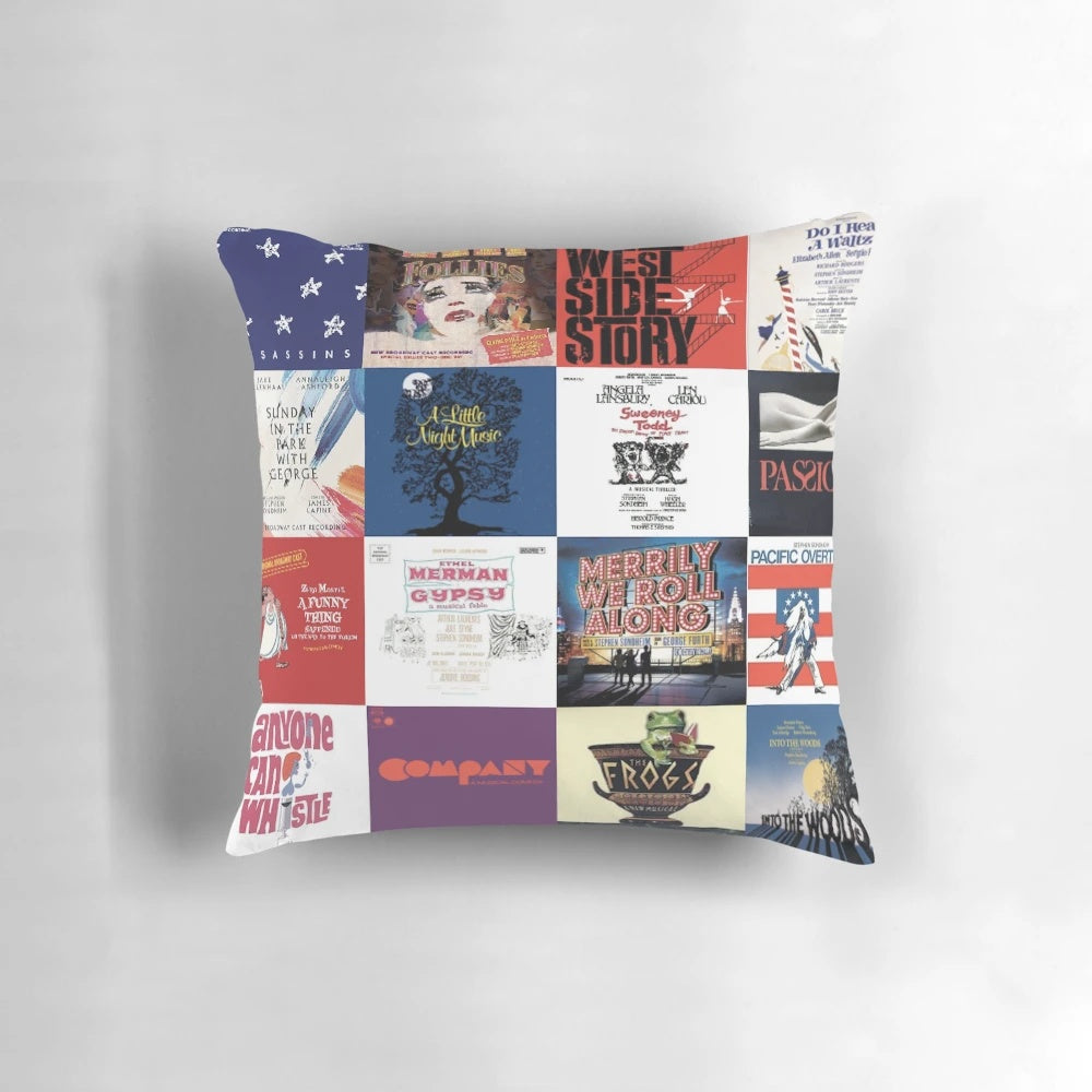 Sondheim-themed collage design printed on a decorative throw pillow