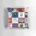 Sondheim-themed collage design printed on a decorative throw pillow