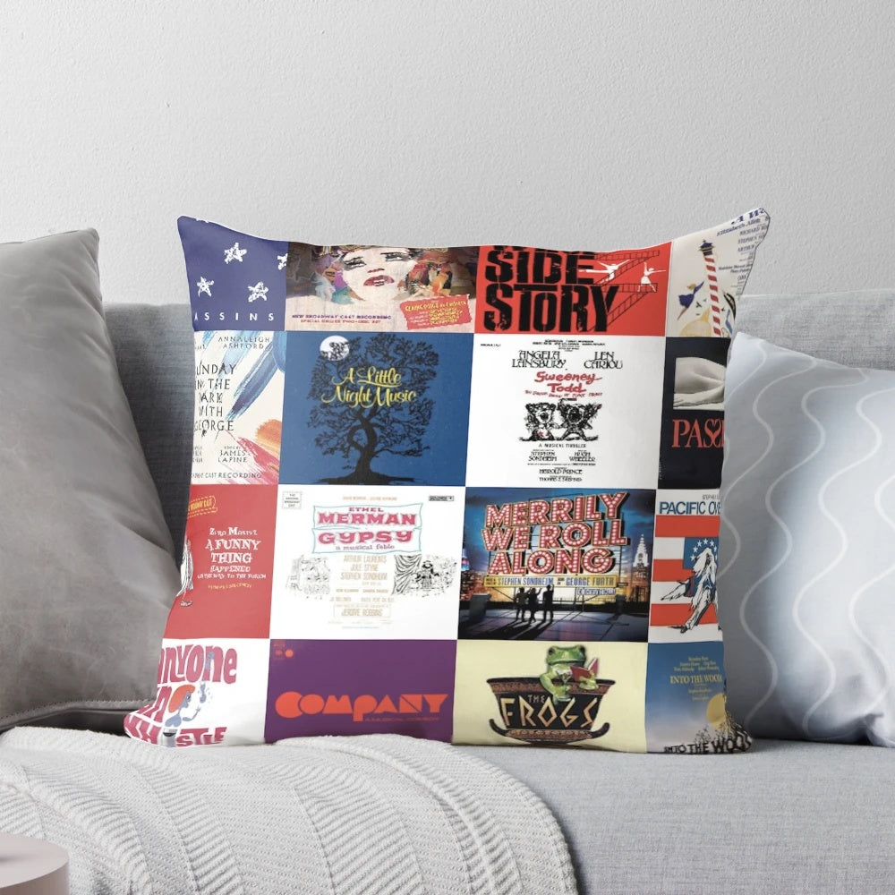 Sondheim-themed collage design printed on a decorative throw pillow