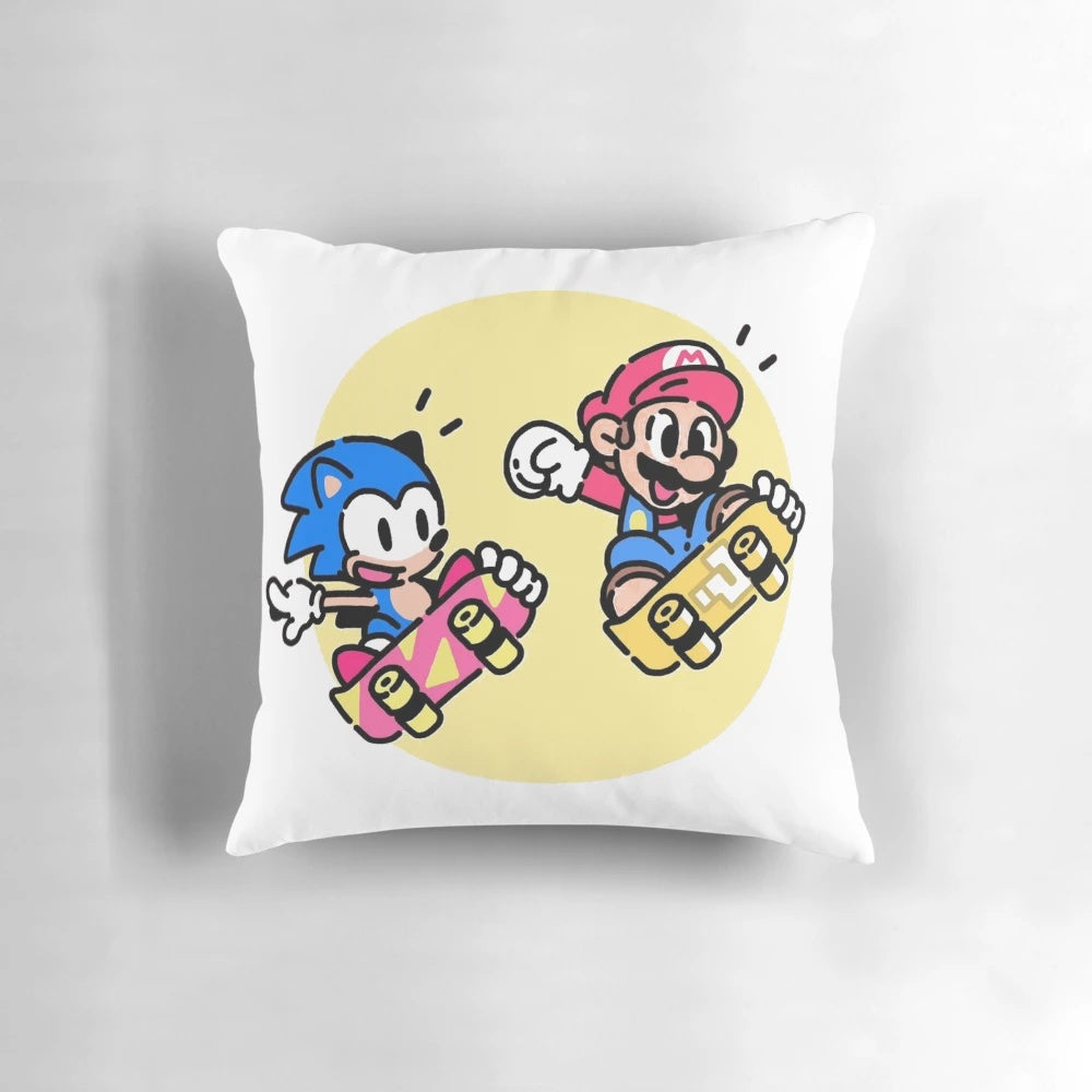 Colorful Sonic the Hedgehog and Mario plumber video game themed pillow