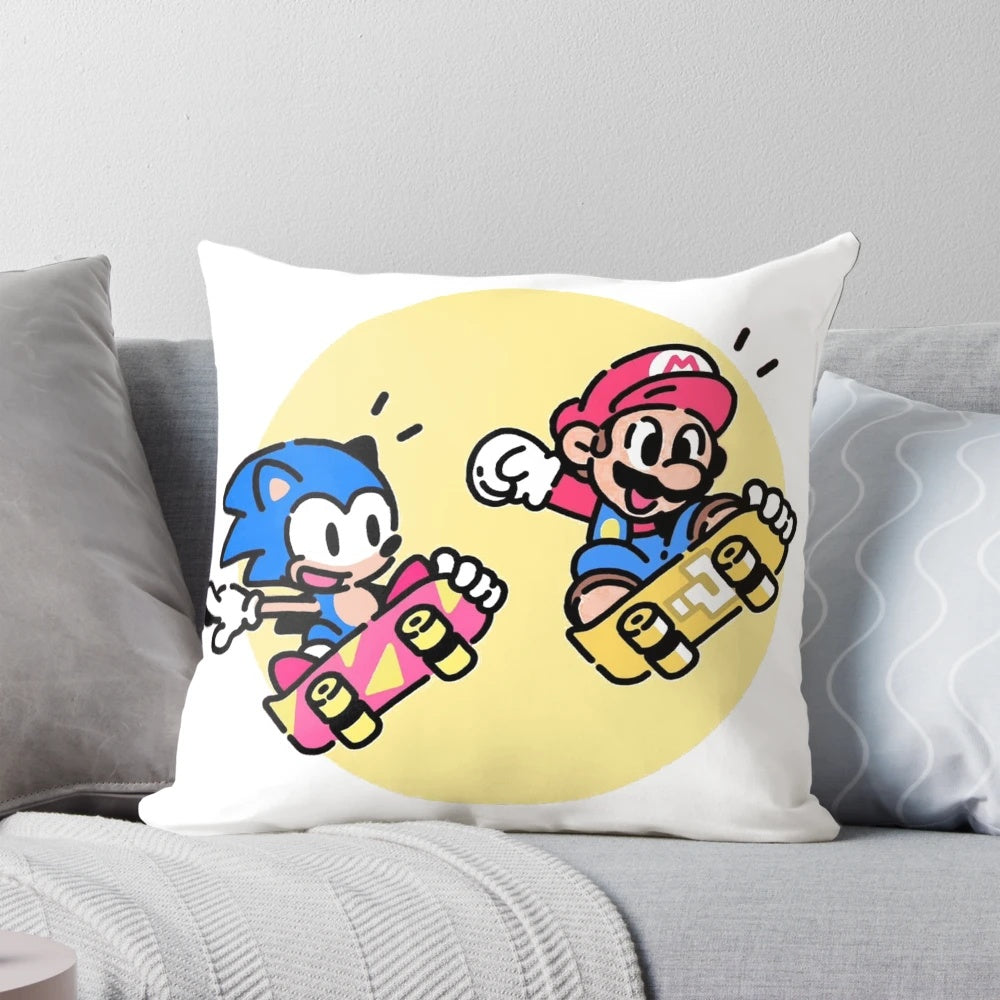 Colorful Sonic the Hedgehog and Mario plumber video game themed pillow