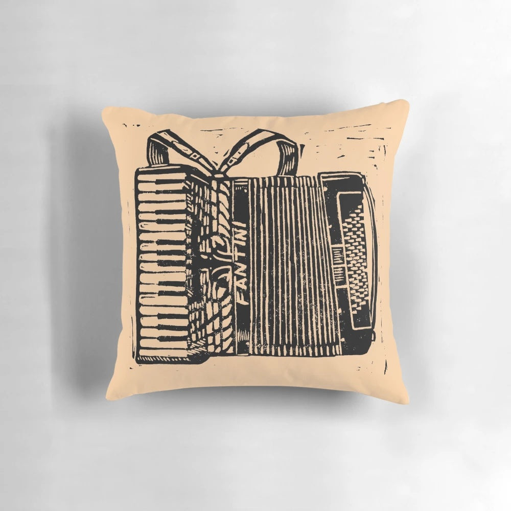 Piano accordion-shaped pillow with intricate linocut-inspired design, perfect for music lovers.