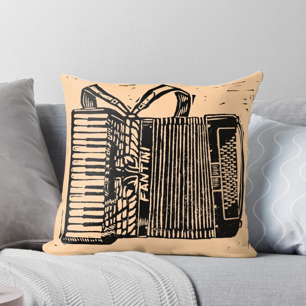 Piano accordion-shaped pillow with intricate linocut-inspired design, perfect for music lovers.