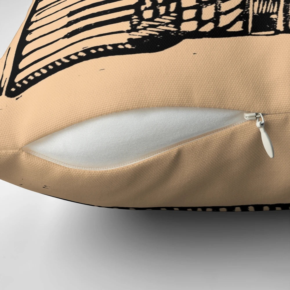 Piano accordion-shaped pillow with intricate linocut-inspired design, perfect for music lovers.