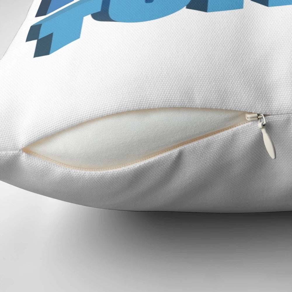 A blue 3D pillow with the text "Does Anyone Have Tums?" in a fun, typographic design.