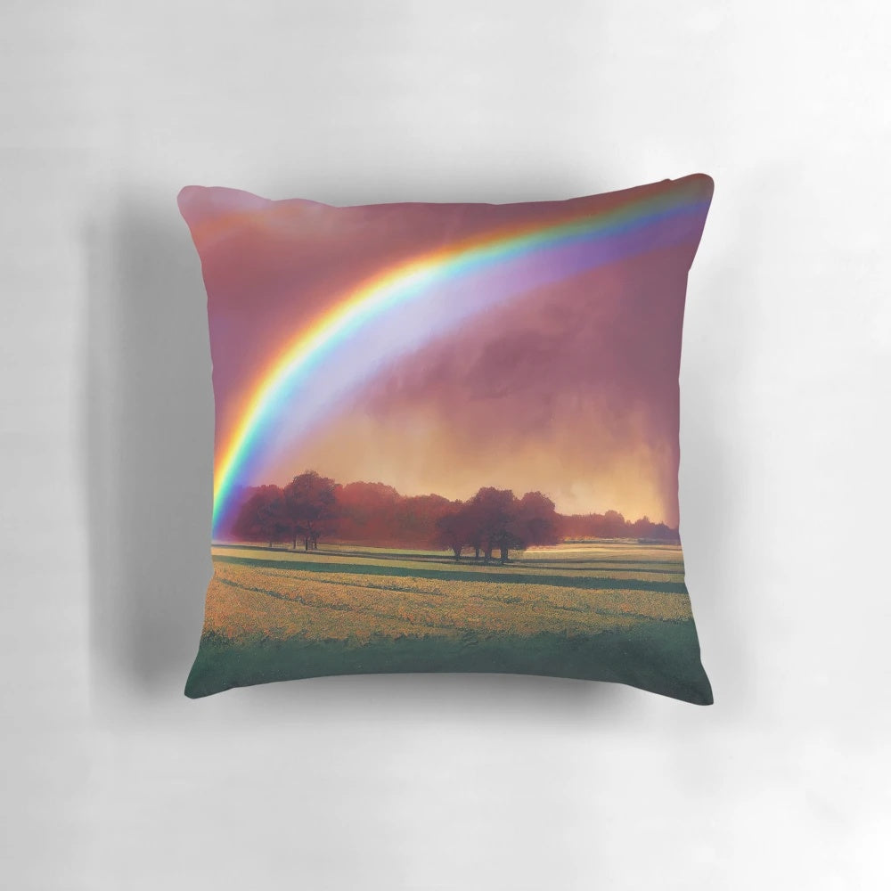 After the Storm" Pillow featuring a beautiful landscape of a meadow, sky, and clouds after a storm