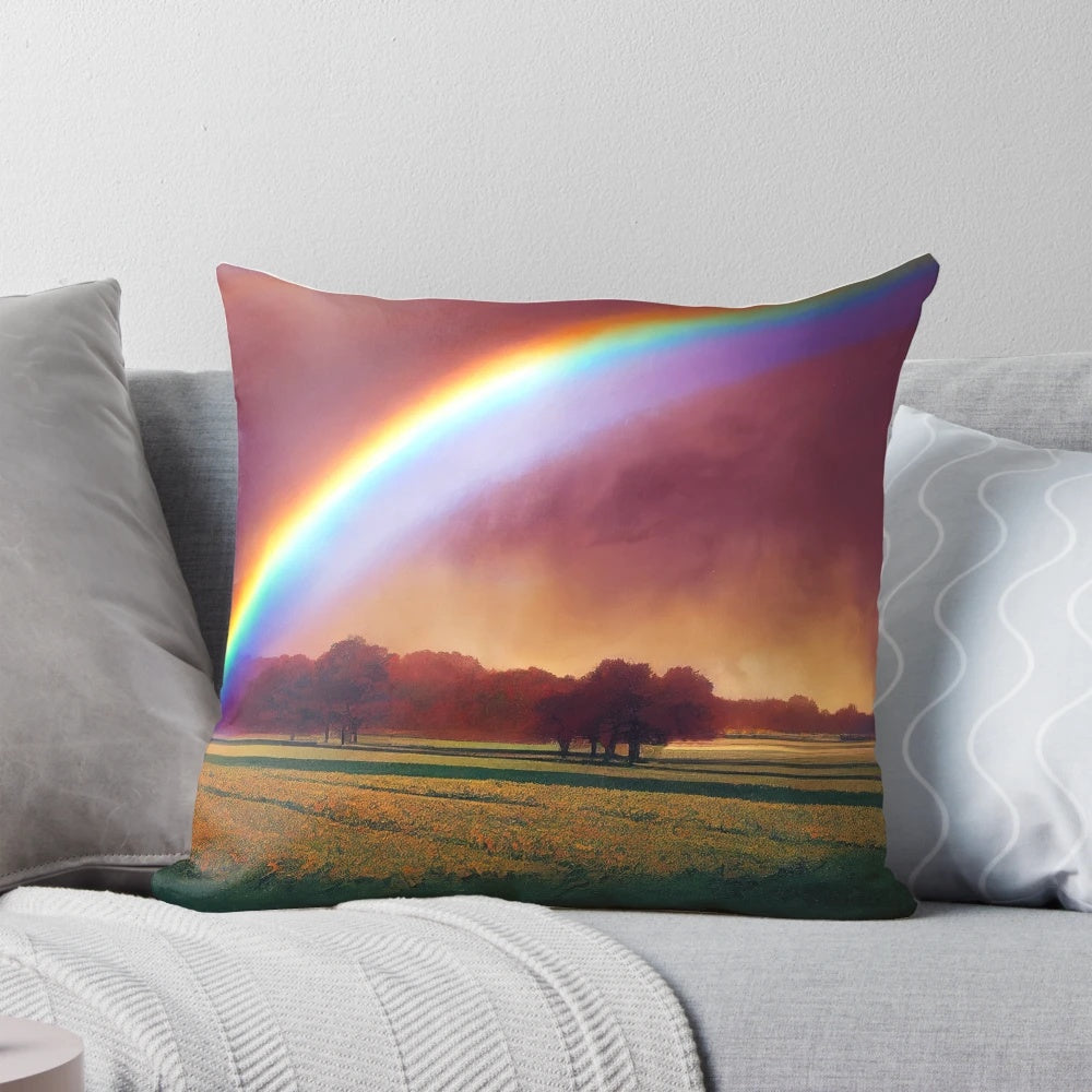 After the Storm" Pillow featuring a beautiful landscape of a meadow, sky, and clouds after a storm