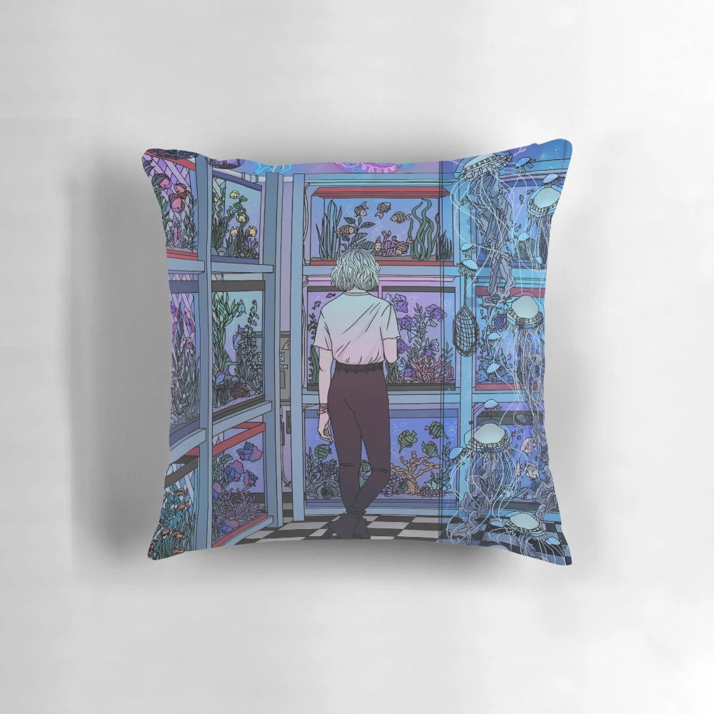 Soft, decorative aquarium-themed pillow with neon fish and jellyfish design