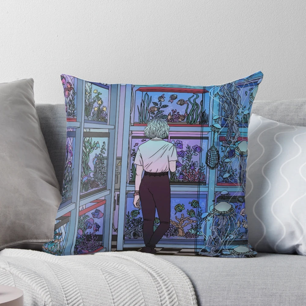 Soft, decorative aquarium-themed pillow with neon fish and jellyfish design