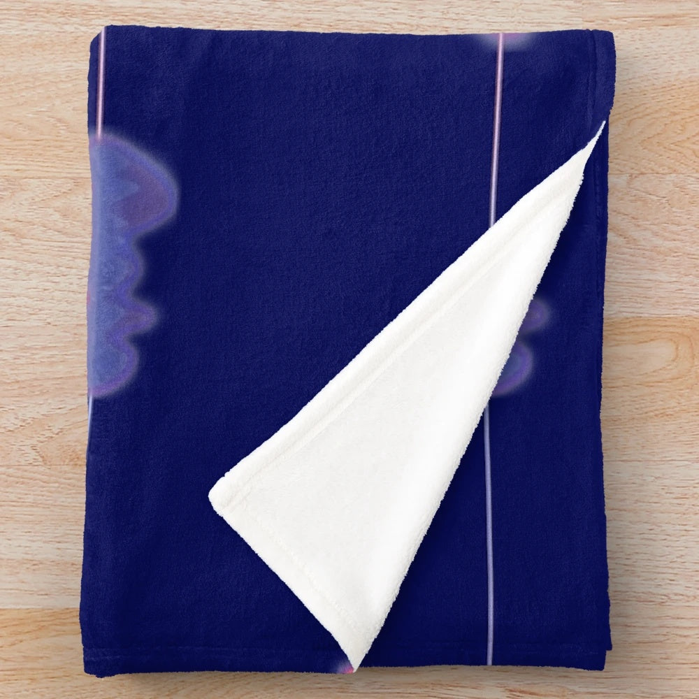 Plush blanket with an audio wave pattern in shades of pink, purple, and blue