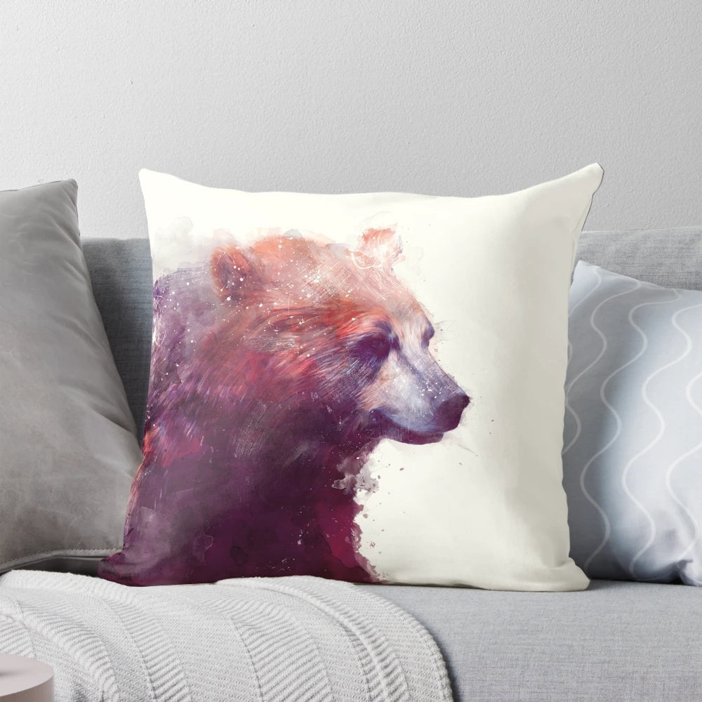 A serene pillow featuring a bear illustration in a watercolor and ink style, creating a calming and natural ambiance.