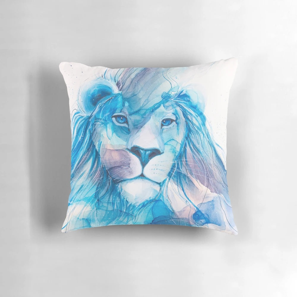 A blue pillow with a lion design, perfect for meditation and relaxation.