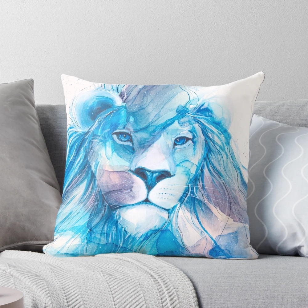 A blue pillow with a lion design, perfect for meditation and relaxation.