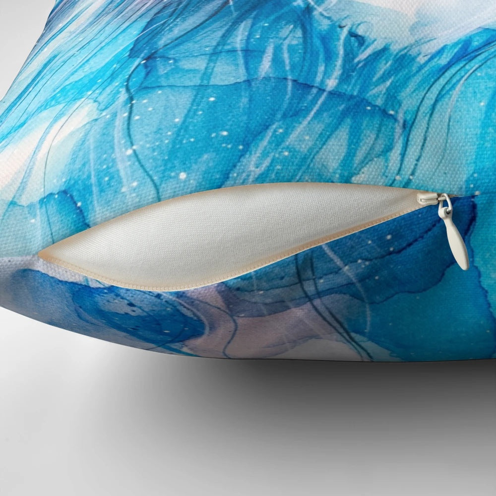 A blue pillow with a lion design, perfect for meditation and relaxation.