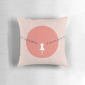 Throw pillow featuring a minimalist cat landscape design with a pink sun and calming colors