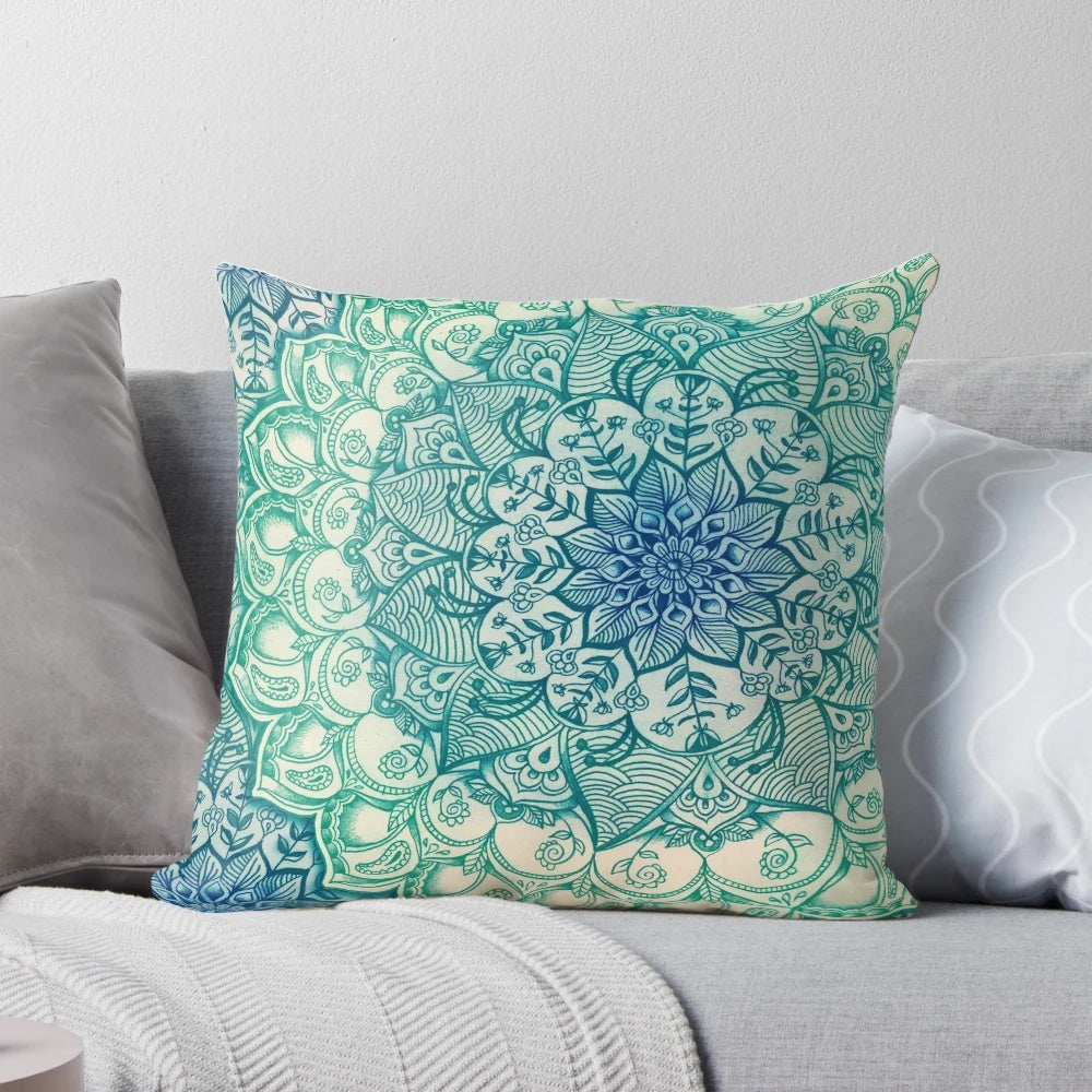 Emerald doodle pattern pillow with a calming, bohemian-inspired design