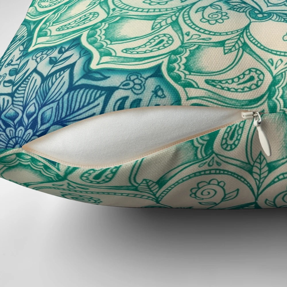 Emerald doodle pattern pillow with a calming, bohemian-inspired design