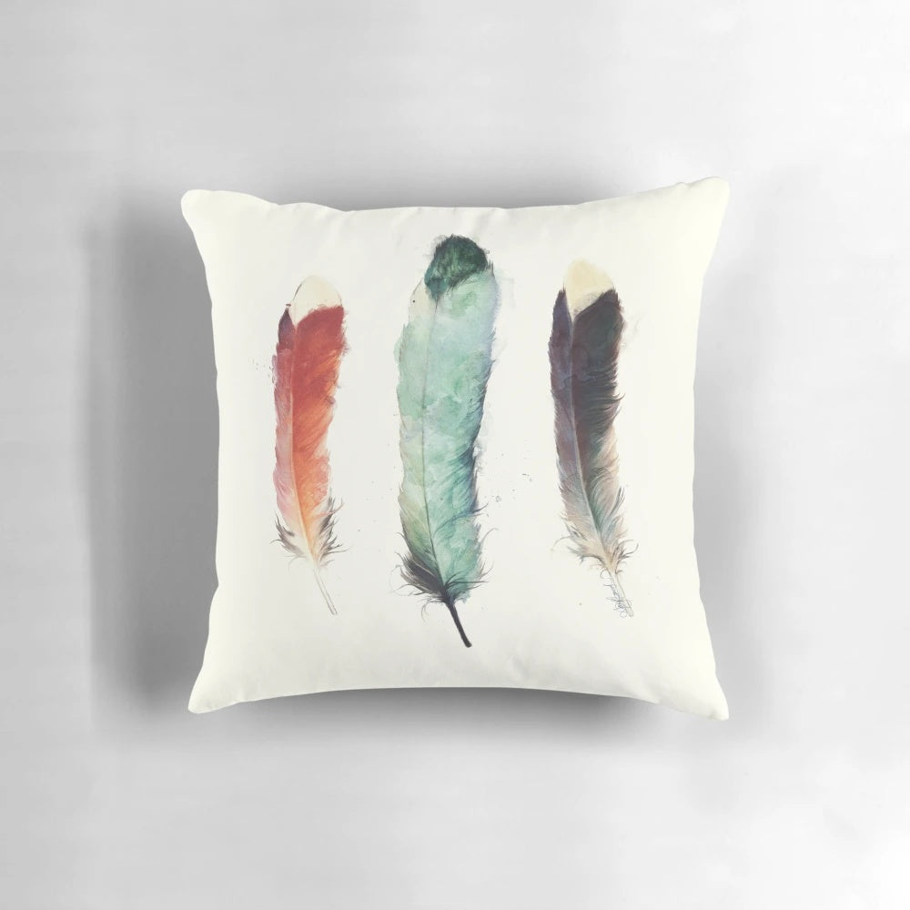 Vibrant watercolor painting of a bird perched on a feather pillow