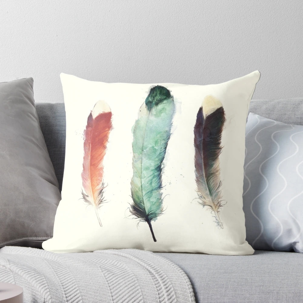 Vibrant watercolor painting of a bird perched on a feather pillow