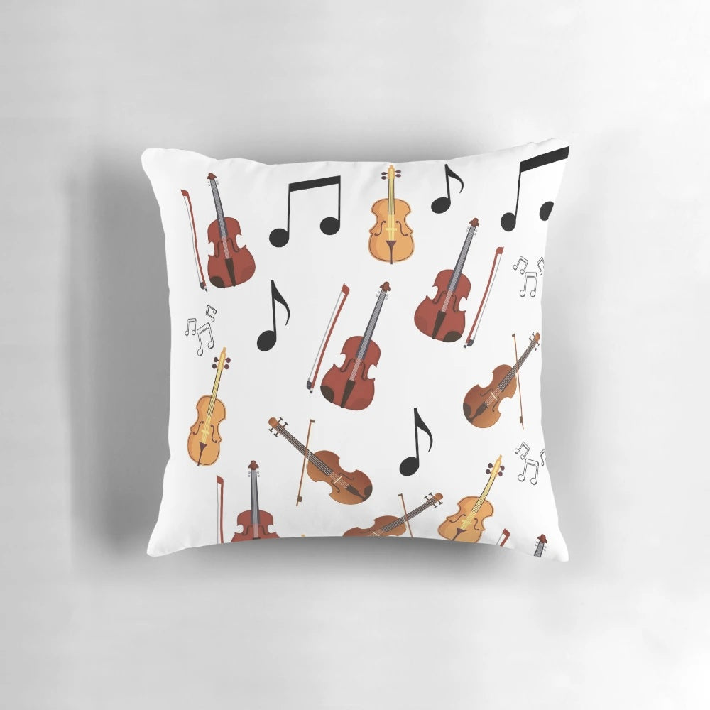 A plush, music-themed pillow featuring a fiddle or violin design.