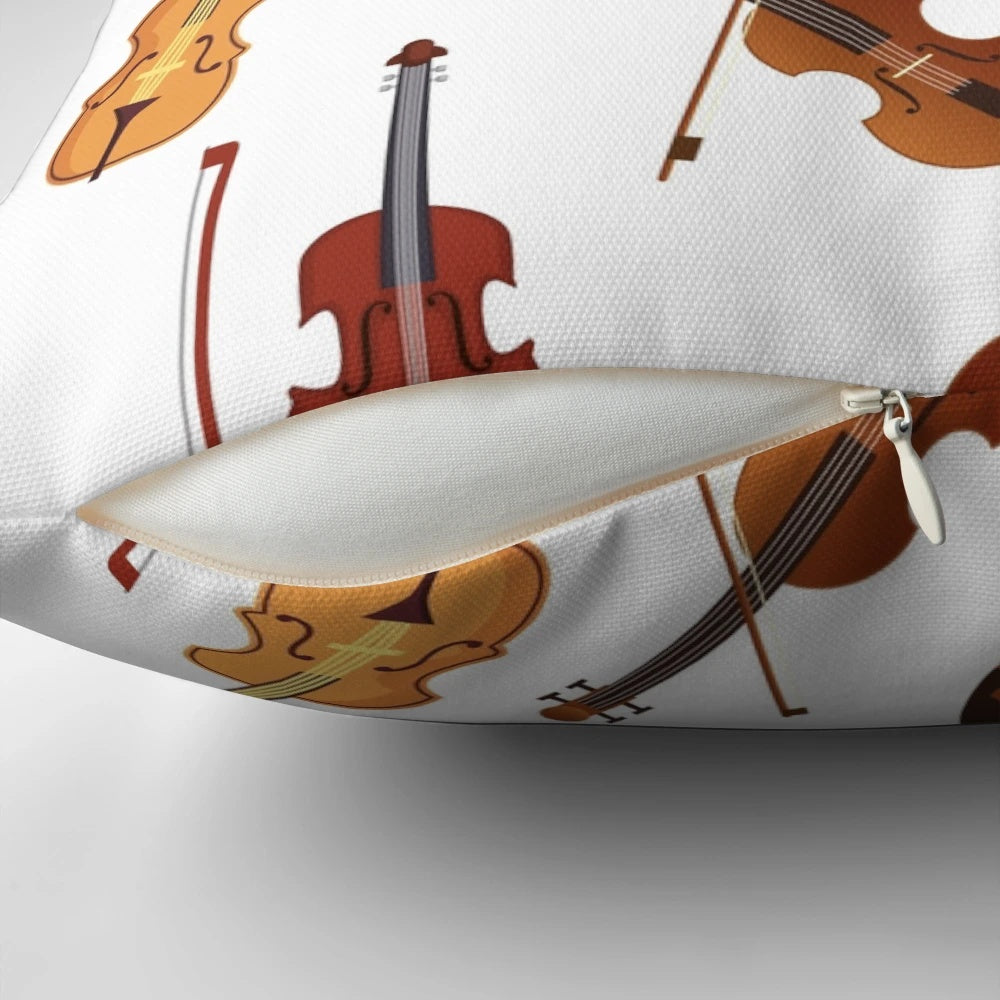 A plush, music-themed pillow featuring a fiddle or violin design.