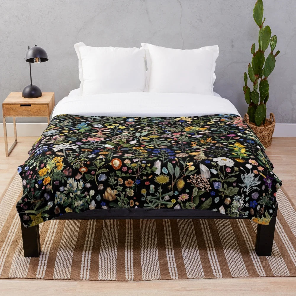Colorful Floral Plush Blanket with Digital Plant and Nature Inspired Motifs