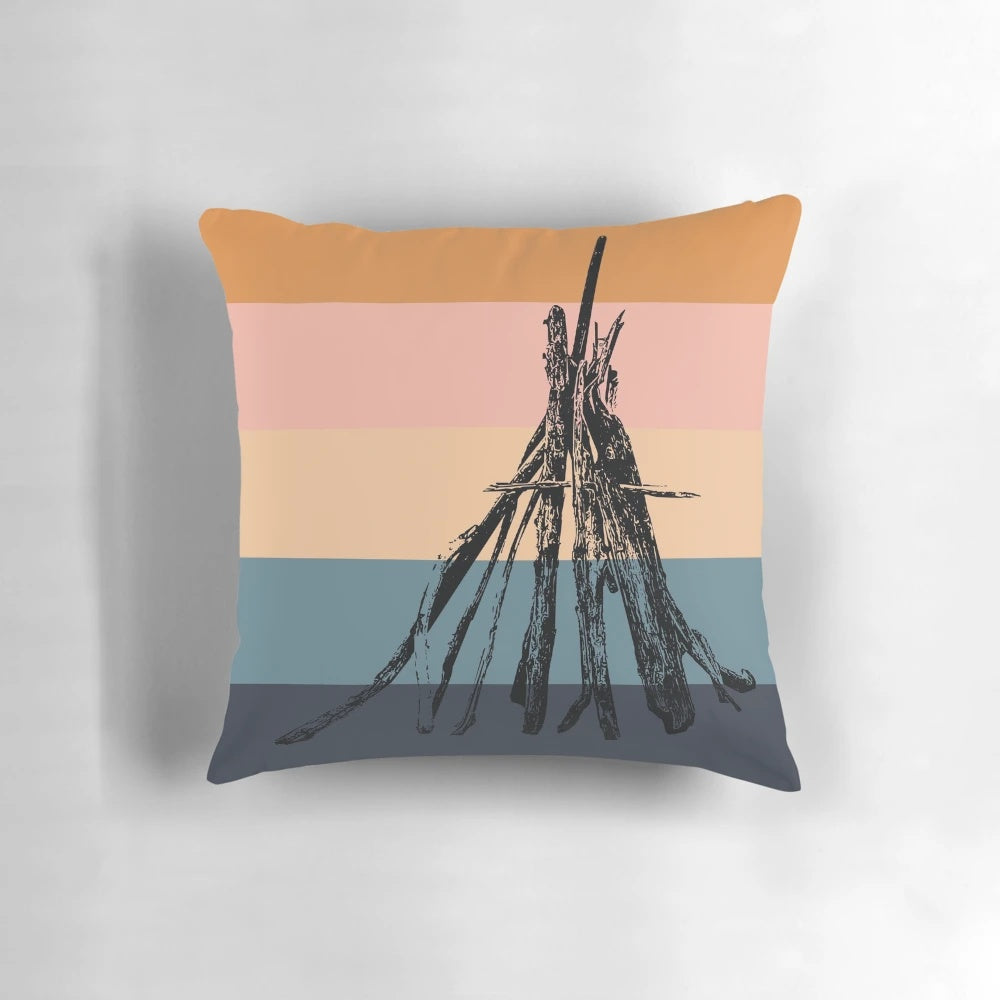 Folsom Lake pillow featuring a tranquil pine tree landscape with blue stripes