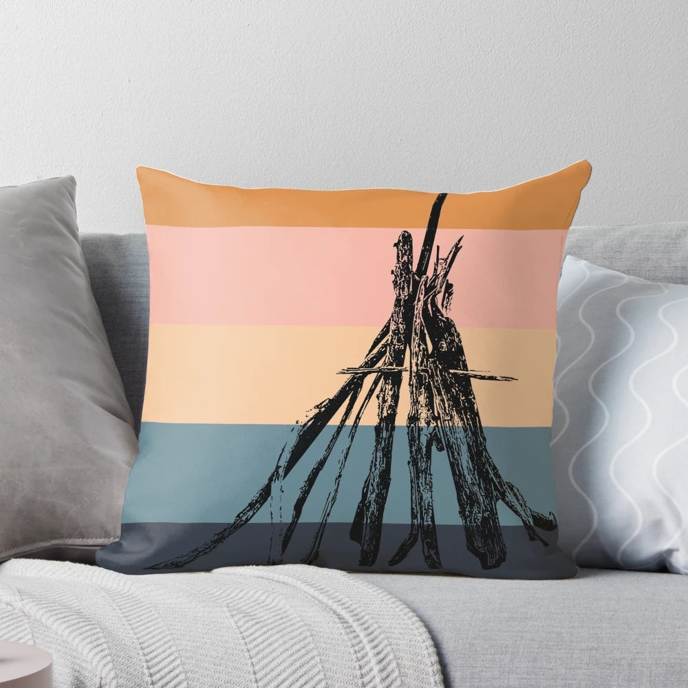 Folsom Lake pillow featuring a tranquil pine tree landscape with blue stripes