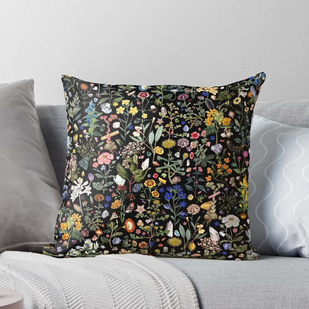 A vibrant, floral-patterned pillow with a healing, botanical design for a peaceful, nature-inspired sleep experience.