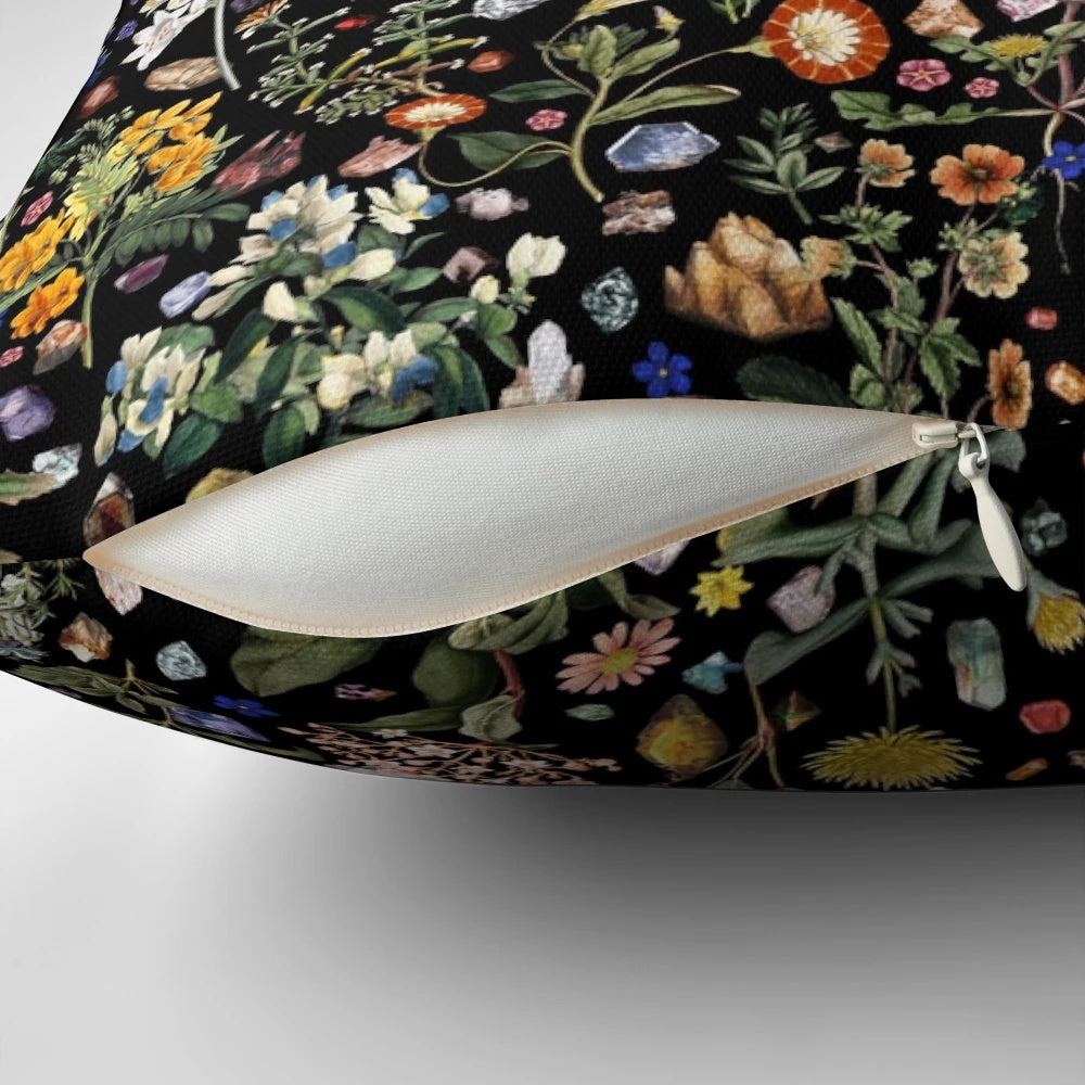 A vibrant, floral-patterned pillow with a healing, botanical design for a peaceful, nature-inspired sleep experience.