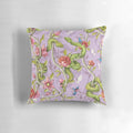 Vibrant lavender and floral design pillow with hummingbirds, butterflies, and peonies
