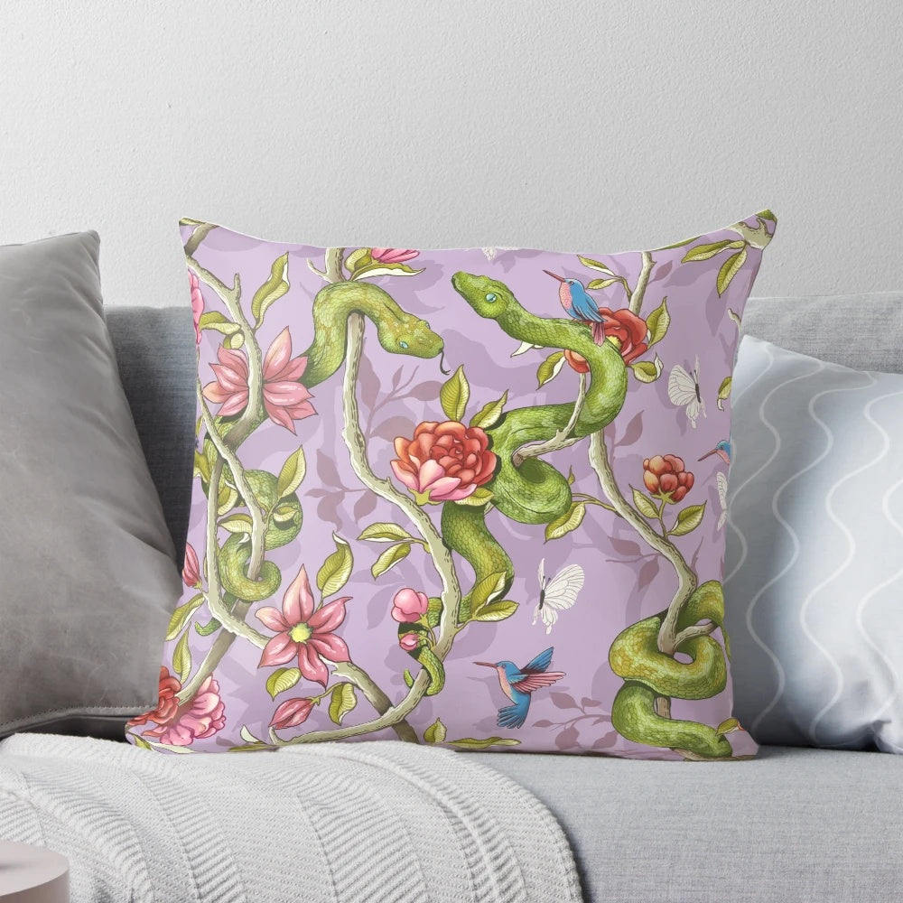 Vibrant lavender and floral design pillow with hummingbirds, butterflies, and peonies