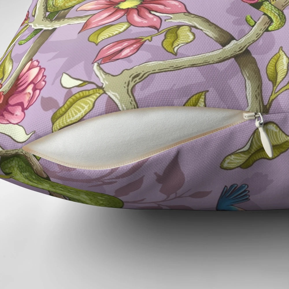 Vibrant lavender and floral design pillow with hummingbirds, butterflies, and peonies