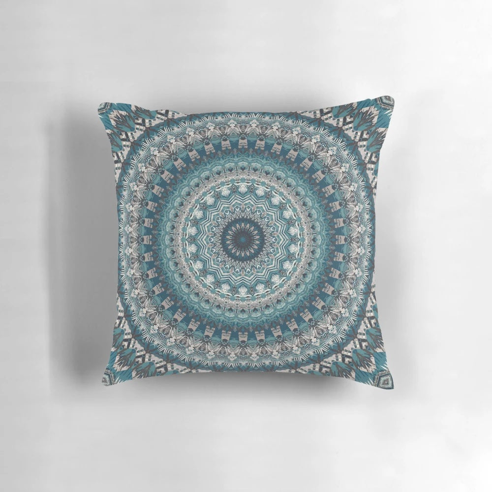 Vibrant mandala-patterned pillow featuring sacred geometry and a flower of life design